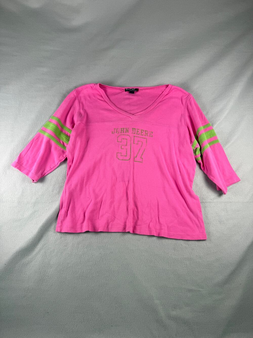 Sport-tek Top Womens 2XL Pink 3/4 Stripes Sleeve John Deere 37 Spellout Graphics